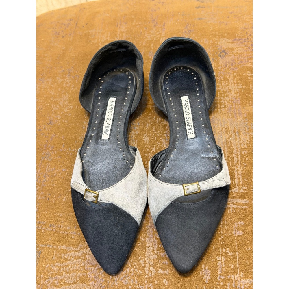 Manolo Blahnik Black Grey Suede Two Tone d'Orsay Pointed Toe Flats Size 37 EU
